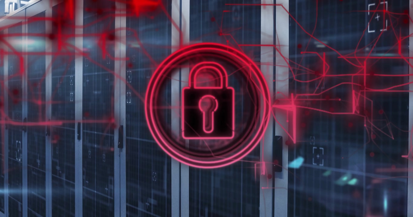 Red padlock brightening and pulsing with circuit lines materializing across servers securing data