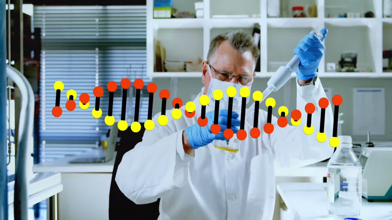 animación de la cadena de adn sover científico masculino caucásico en el laboratorio