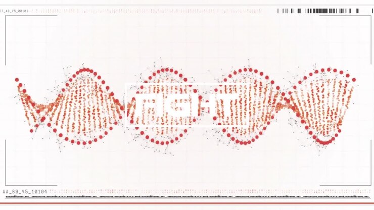 Animation von Kampftext über einem roten, sich drehenden DNA-Strang