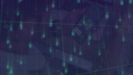 animation of binary code and math symbols overlaying abstract geometric shapes