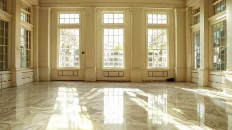 una gran habitación vacía con grandes ventanas y un candelabro