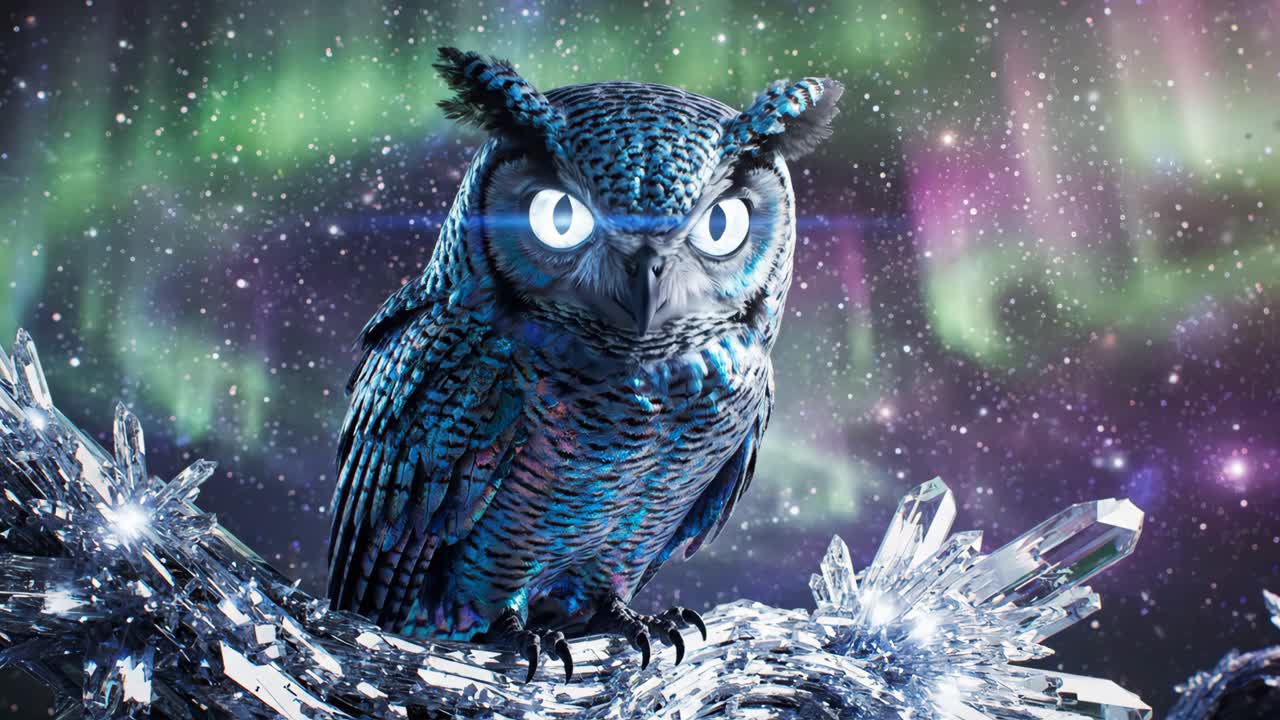 Owl perched on crystal branch under the aurora borealis