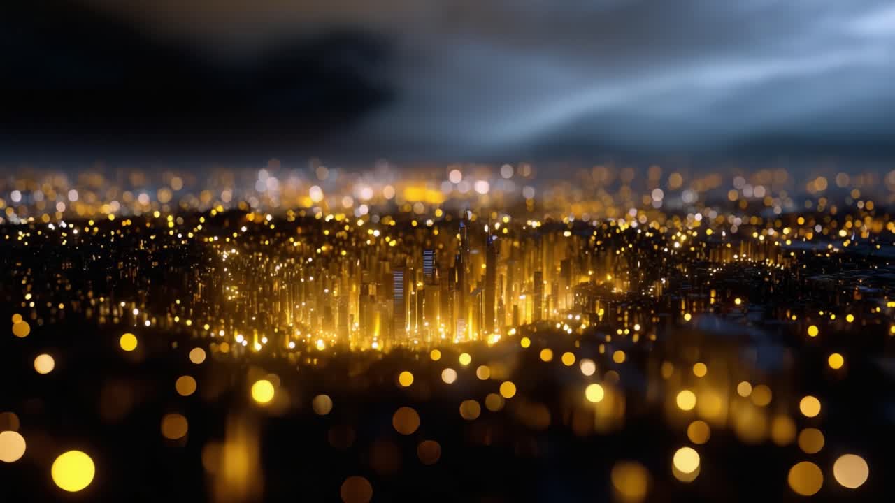 Una splendida vista aerea di un vivace paesaggio urbano notturno, illuminato da luci calde e brillanti e da un cielo dinamico, che cattura l'essenza della vita urbana e dell'energia