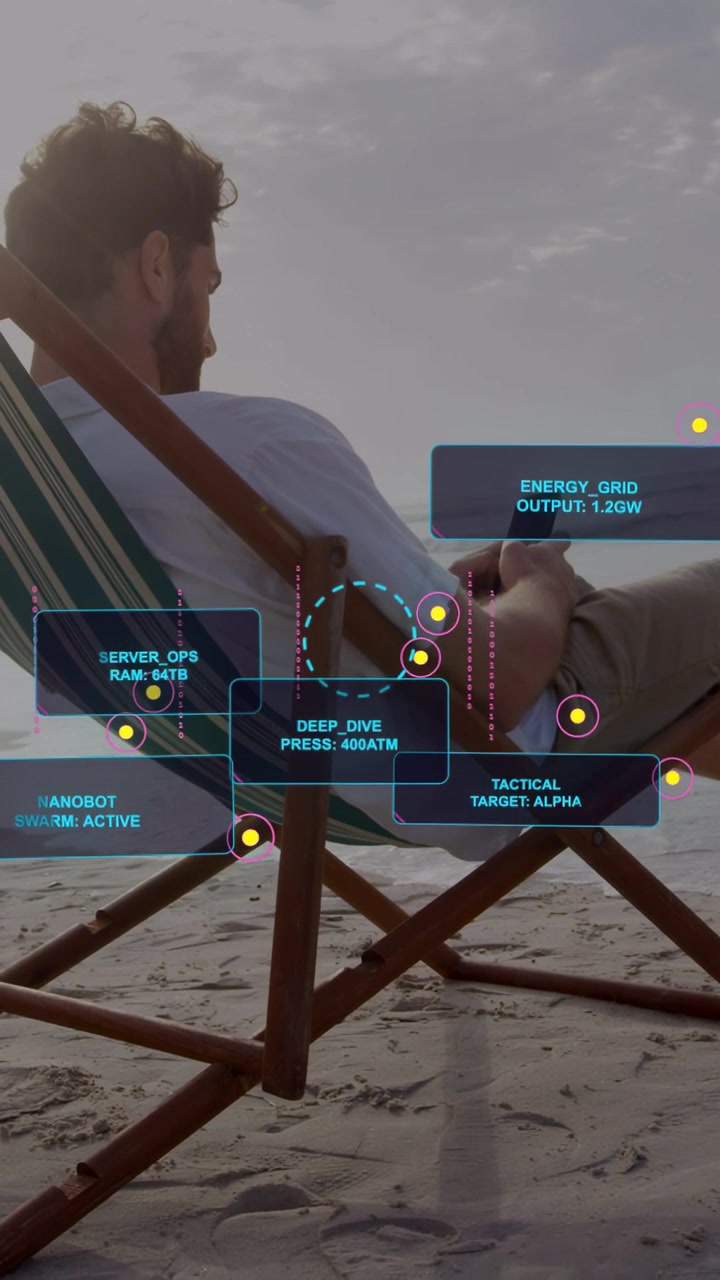 Vertical video: Man on beach tapping phone, activating AR HUD anchored to phone checking systems