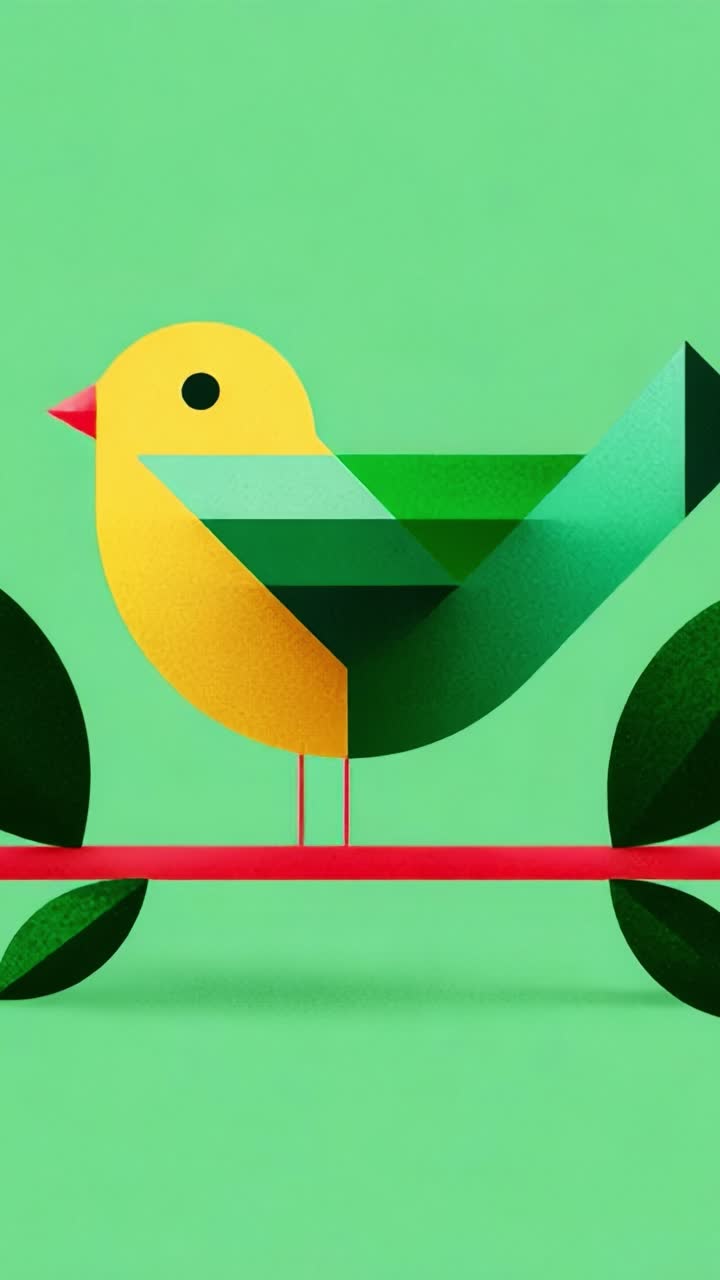 Un uccello geometrico allegro e colorato è posato su un vivace ramo rosso su uno sfondo verde brillante, irradiando un senso di giocosità e gioia in questa creazione digitale artistica che rappresenta la semplicità moderna