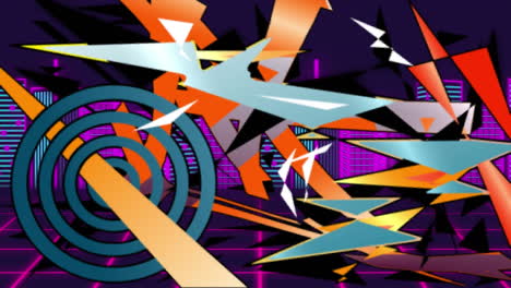 animation of moving colorful shapes over cityscape and grid