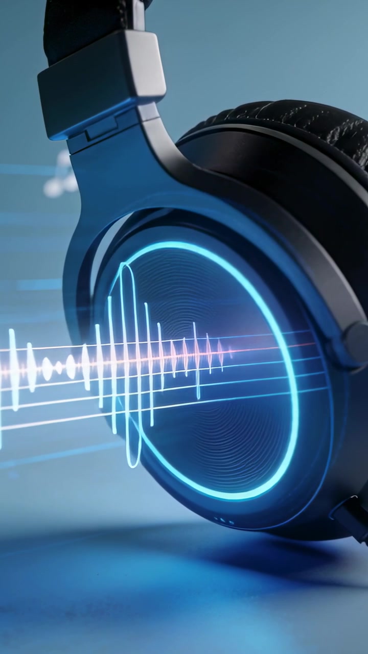 Video verticale: Padiglione auricolare destro che pulsa reagendo all'audio su un tavolo, mostrando un LED ciano e una forma d'onda.