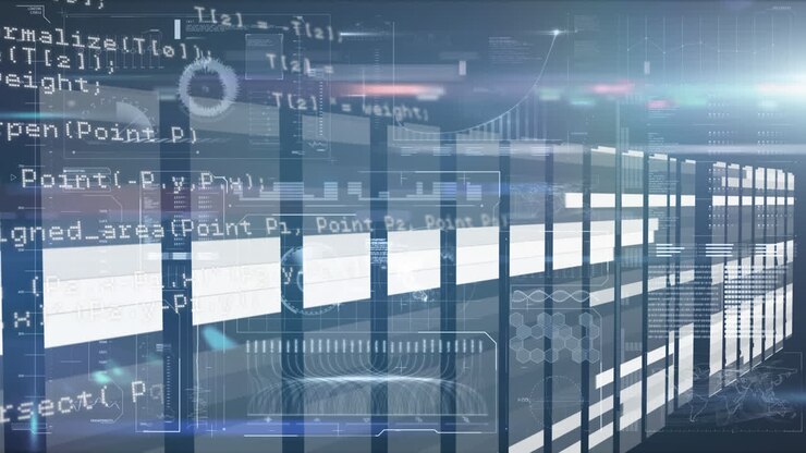 Animation of data processing and digital information flowing through network of screens over compute