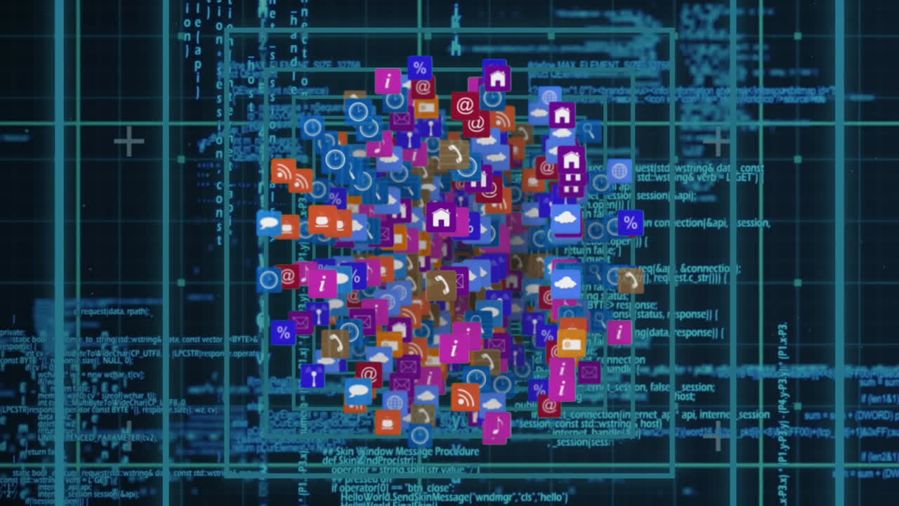 iconos en línea y de aplicaciones en cuadrados y códigos de programas