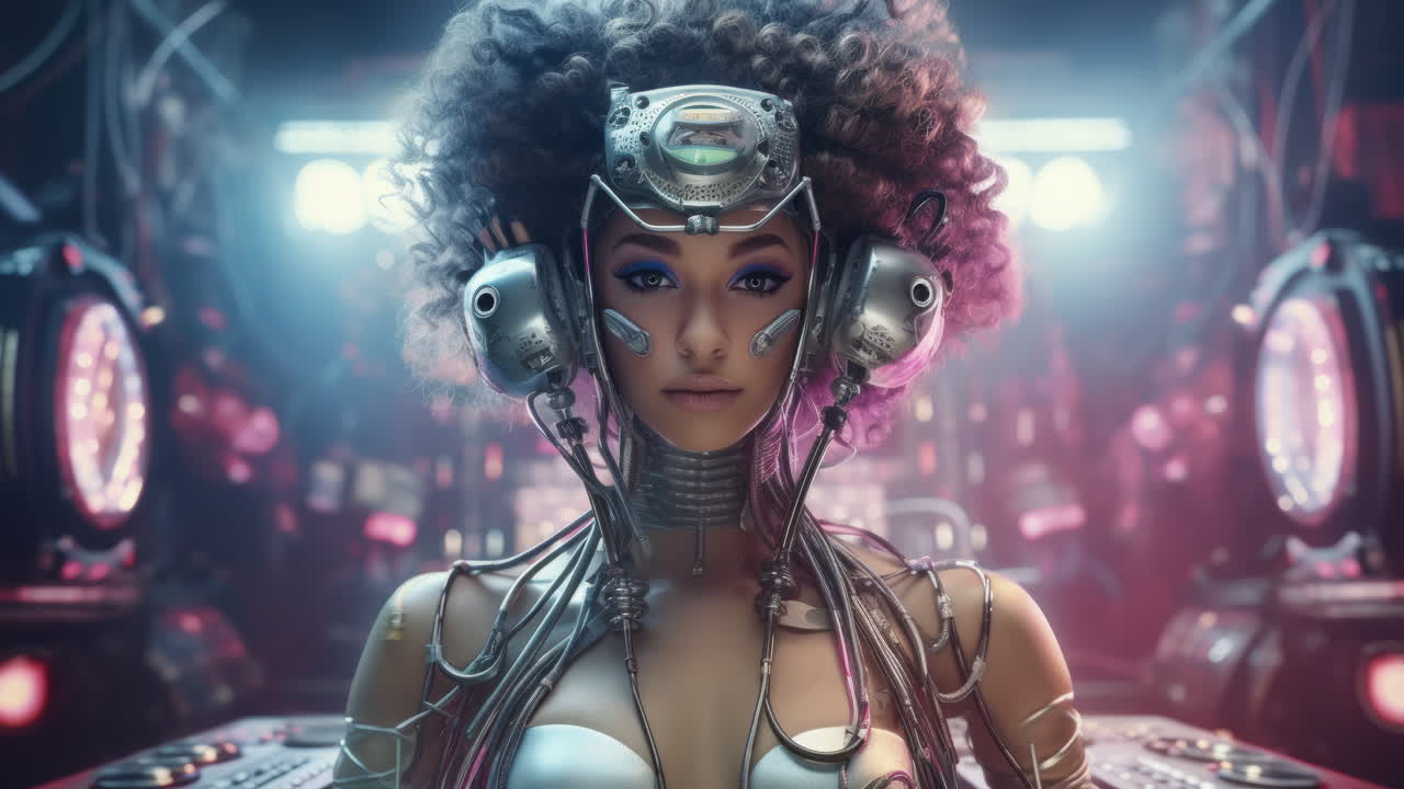 una mujer robot con afro.