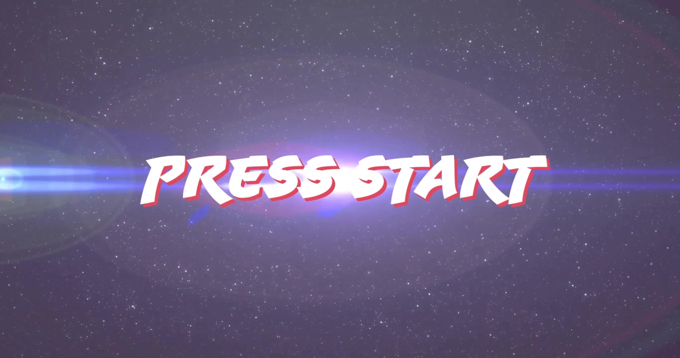 Opening star field starting PRESS START fading lens flare sweeping pulsating for call-to-action