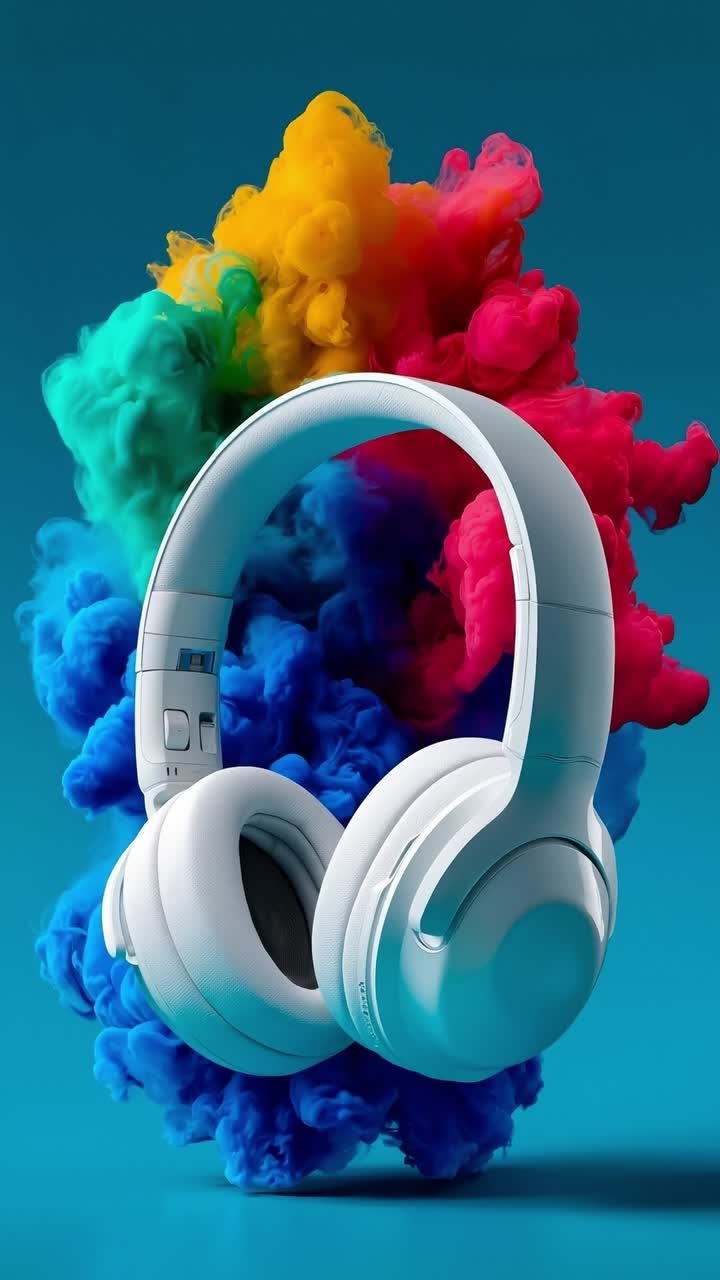 A pair of headphones floating in the air with colorful smoke coming out of them