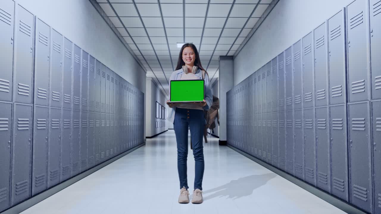 노트북 을 들고 학교 복도 에 있는 학생