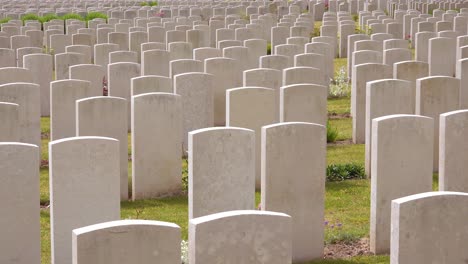 Establishing-shot-headstones-of-the-Etaples-France-World-War-cemetery-military-graveyard-and-headstones-of-soldiers