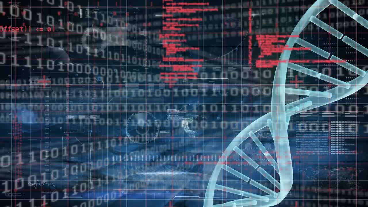 Animation of dna strand and binary coding over server data processing