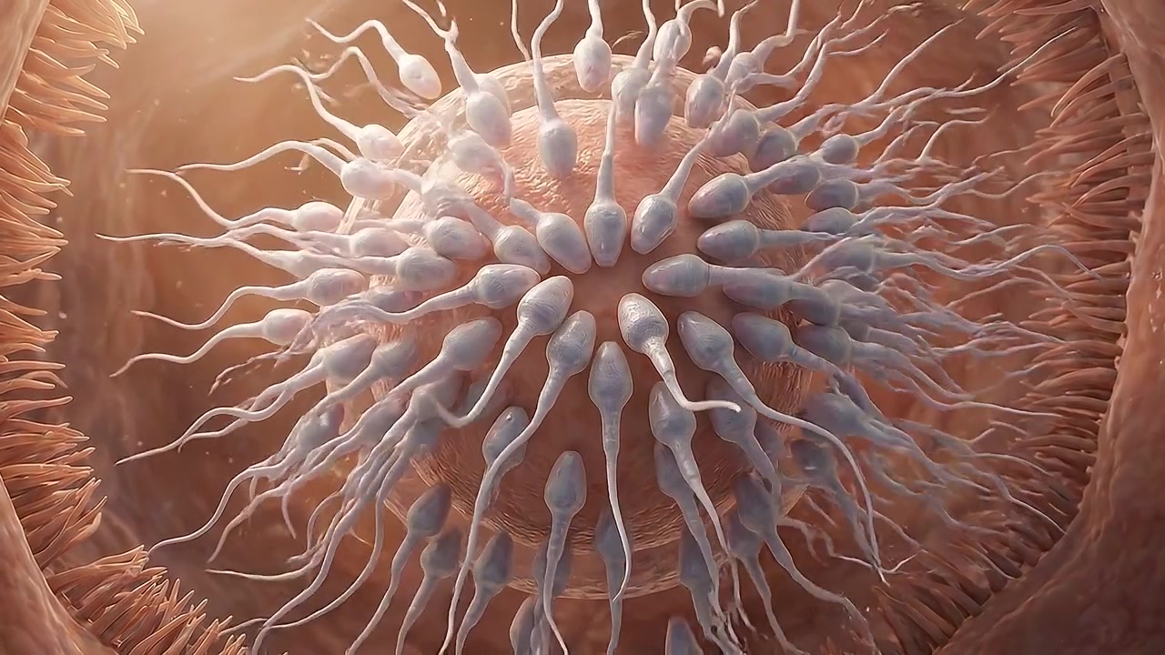 Animazione 3D di spermatozoi che fecondano un ovulo
