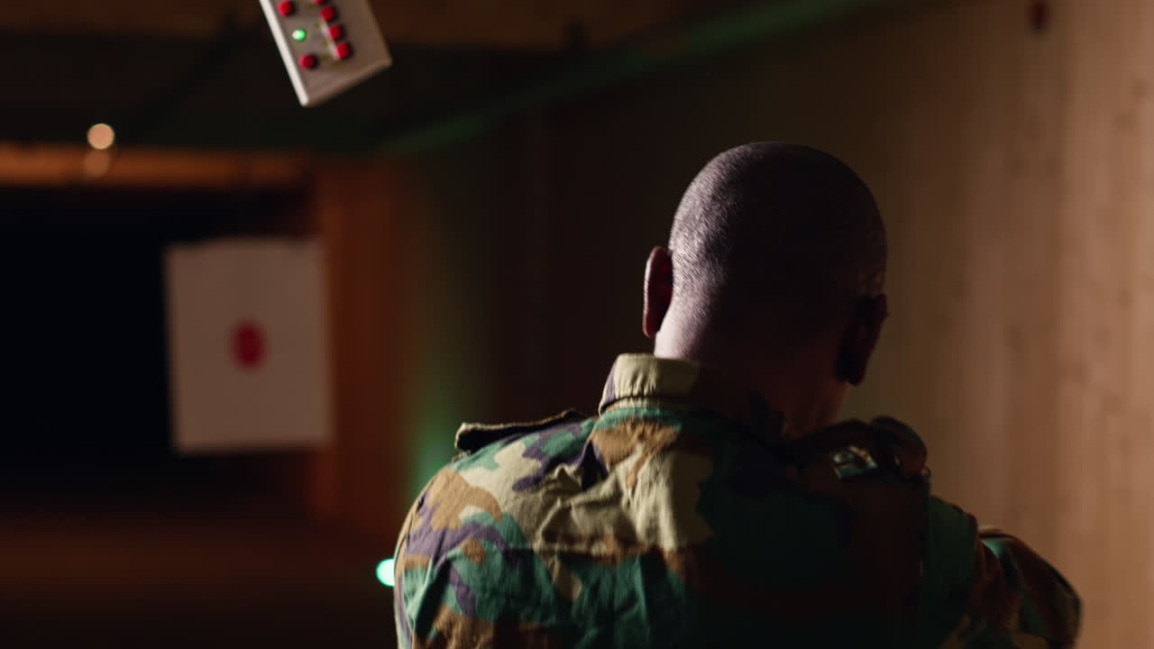 soldado entrenando con armas aplaudiendo después de lograr golpear con precisión el objetivo