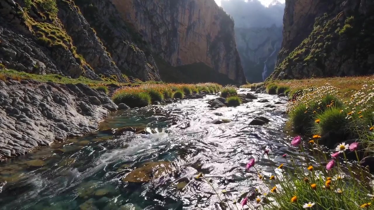 Fiume di montagna limpido che scorre attraverso una valle panoramica con fiori selvatici