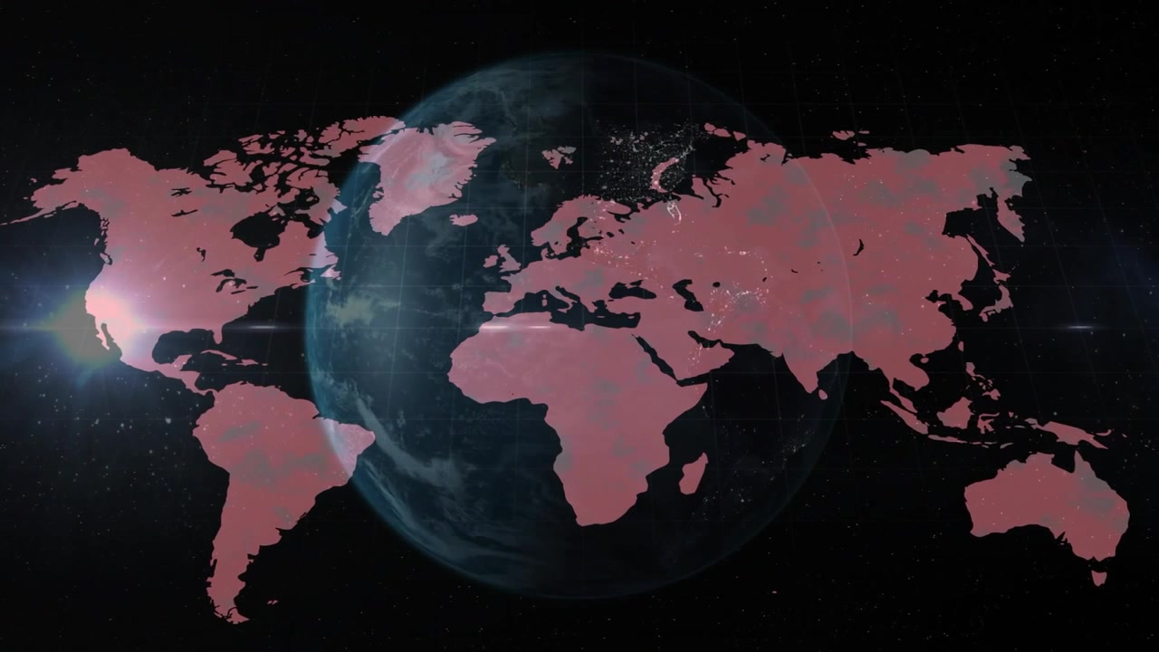 3D Earth rotating starting map fading, shifting to red with pulsing dots visualizing data spread