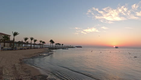 beautiful calm sunset and resort beach with palm trees, pan right view