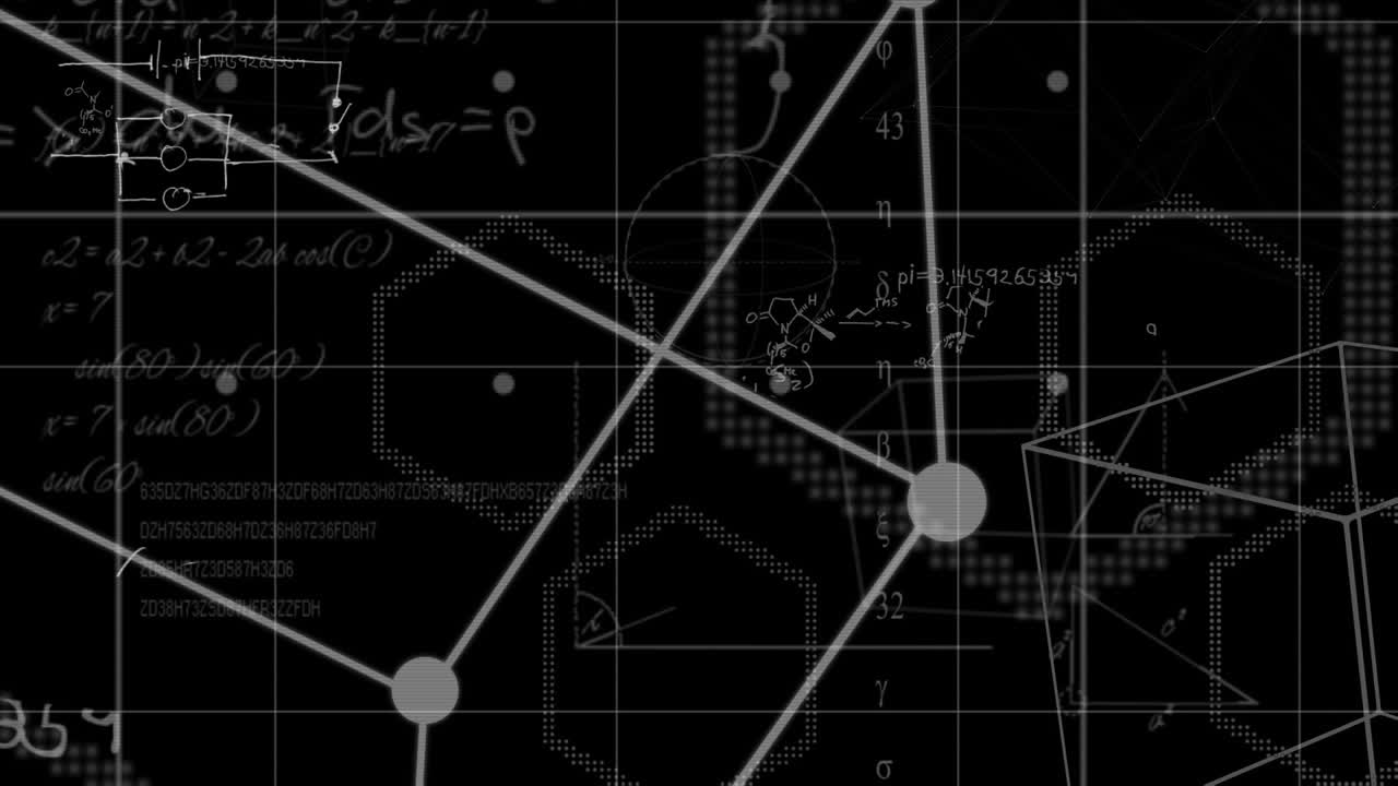 검은 바탕에 떠 있는 수학적 방정식에 대한 탐욕에 떠 있는 큐브의 애니메이션