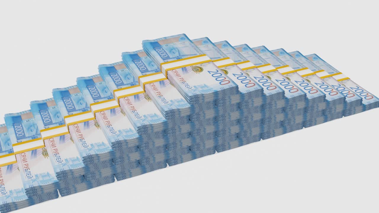 Many wads of money. 2000 russian ruble banknotes. Stacks of money.