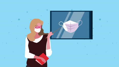 maestra que usa máscara médica para covid-19 enseñando uso de máscara facial
