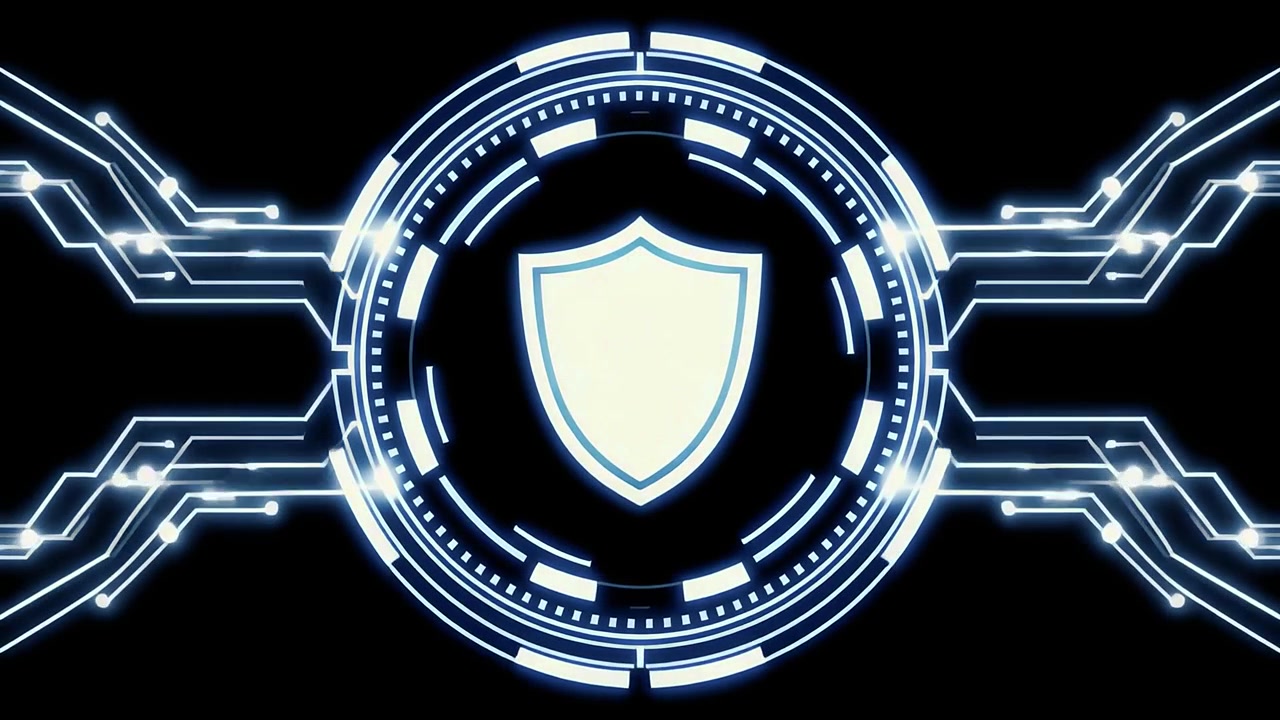 Animated Digital Security Shield Icon in Futuristic Circuit Board Interface