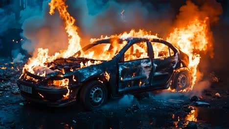 un coche quemado en llamas en medio de la noche