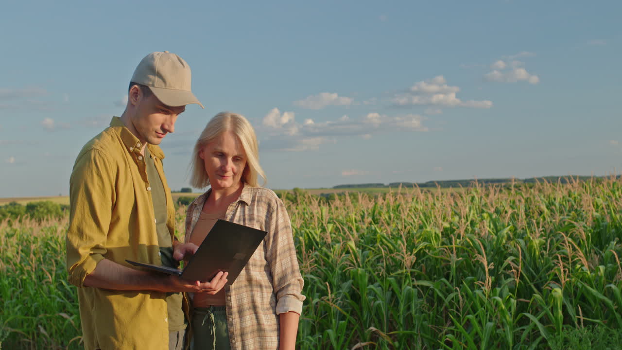 Farmers reviewing crop data in a cornfield