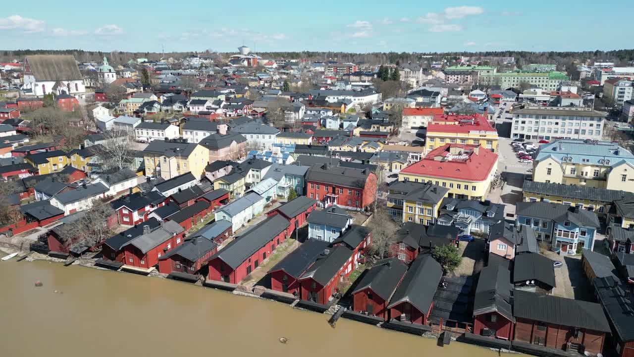 Droneopptak av Porvoos historiske gamleby viser fargerike trelagerbygninger langs elven, en brun elv og sjarmerende nordisk arkitektur under klar blå himmel. Klart dagslys, vidvinkelperspektiv.