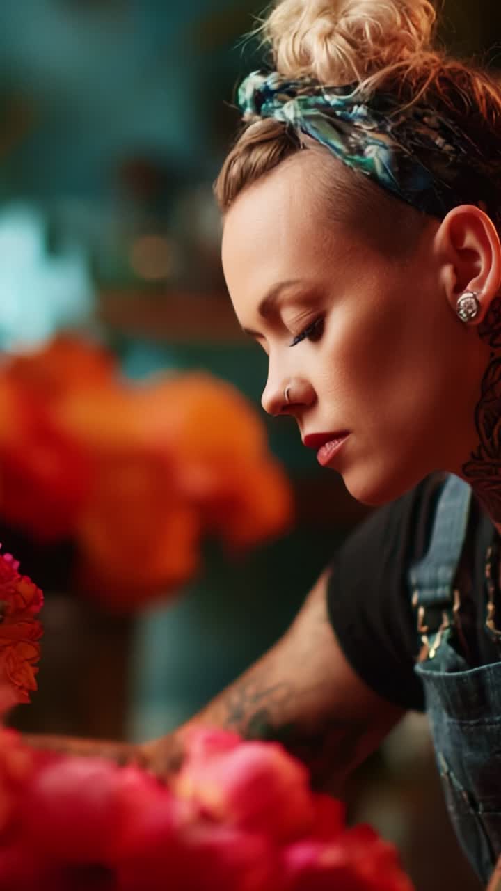 Skilled Artisan in Focus: Captivating Portrait of a Creative Individual Working with Vibrant Floral Arrangements in a Serene Studio Environment