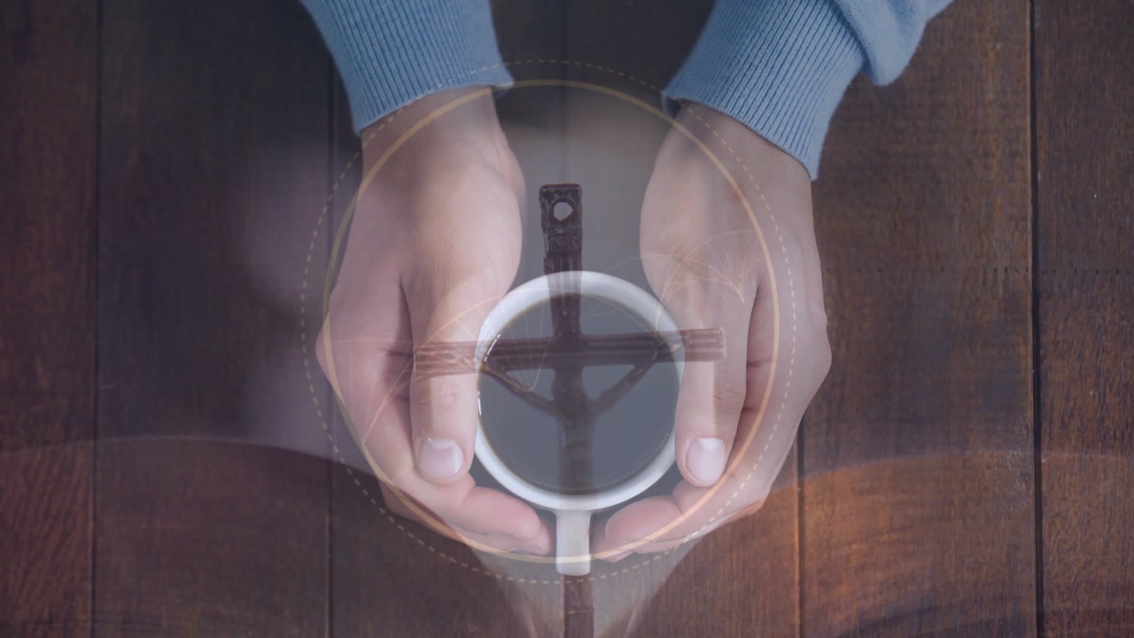 Ripple graphic appearing, hands holding cup, wooden cross fading up, representing worship devotion