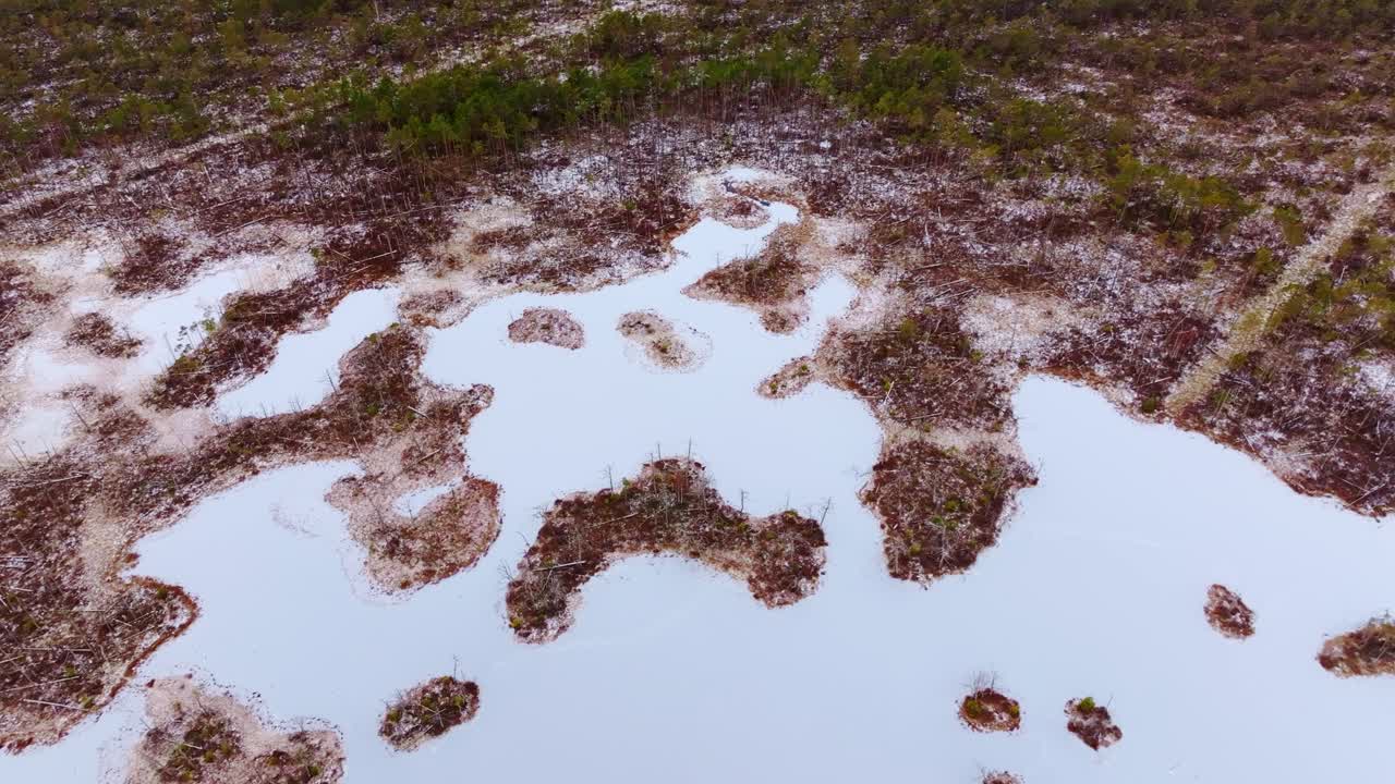 Aerial drone flying over frozen marsh revealing icy landscape in Latvia
