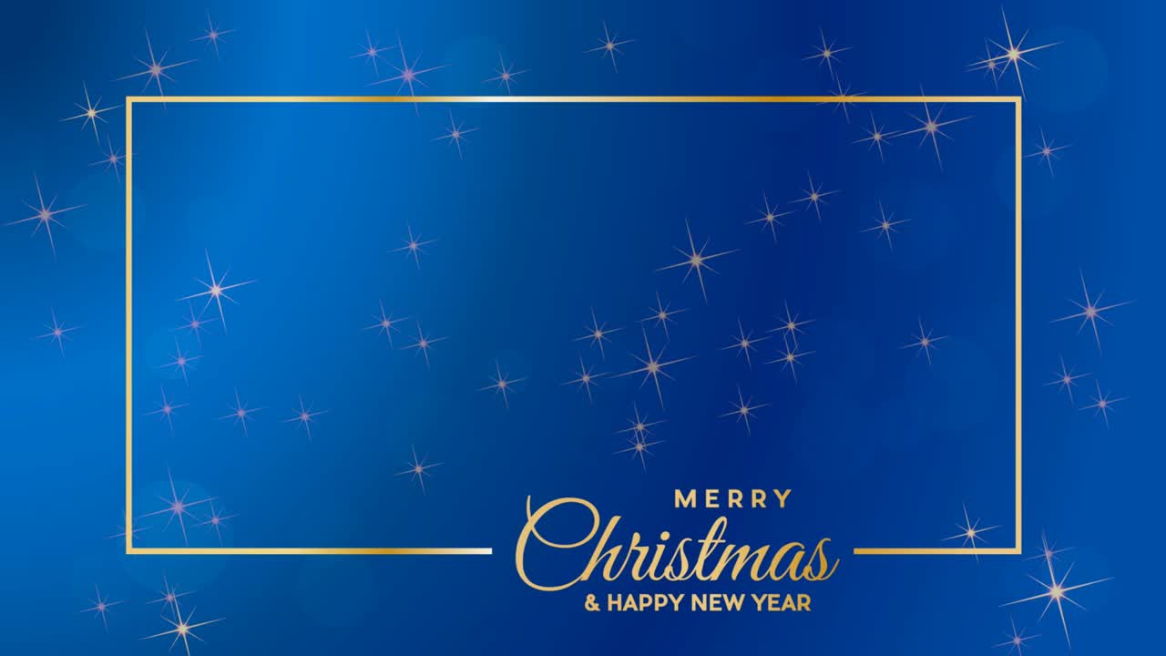메리 크리스마스 텍스트와 골든 프레임, 애니메이션 빈 배경, 파란색, 별빛 하늘, 흐릿한 조명 및 복사 공간으로 만들어졌습니다.