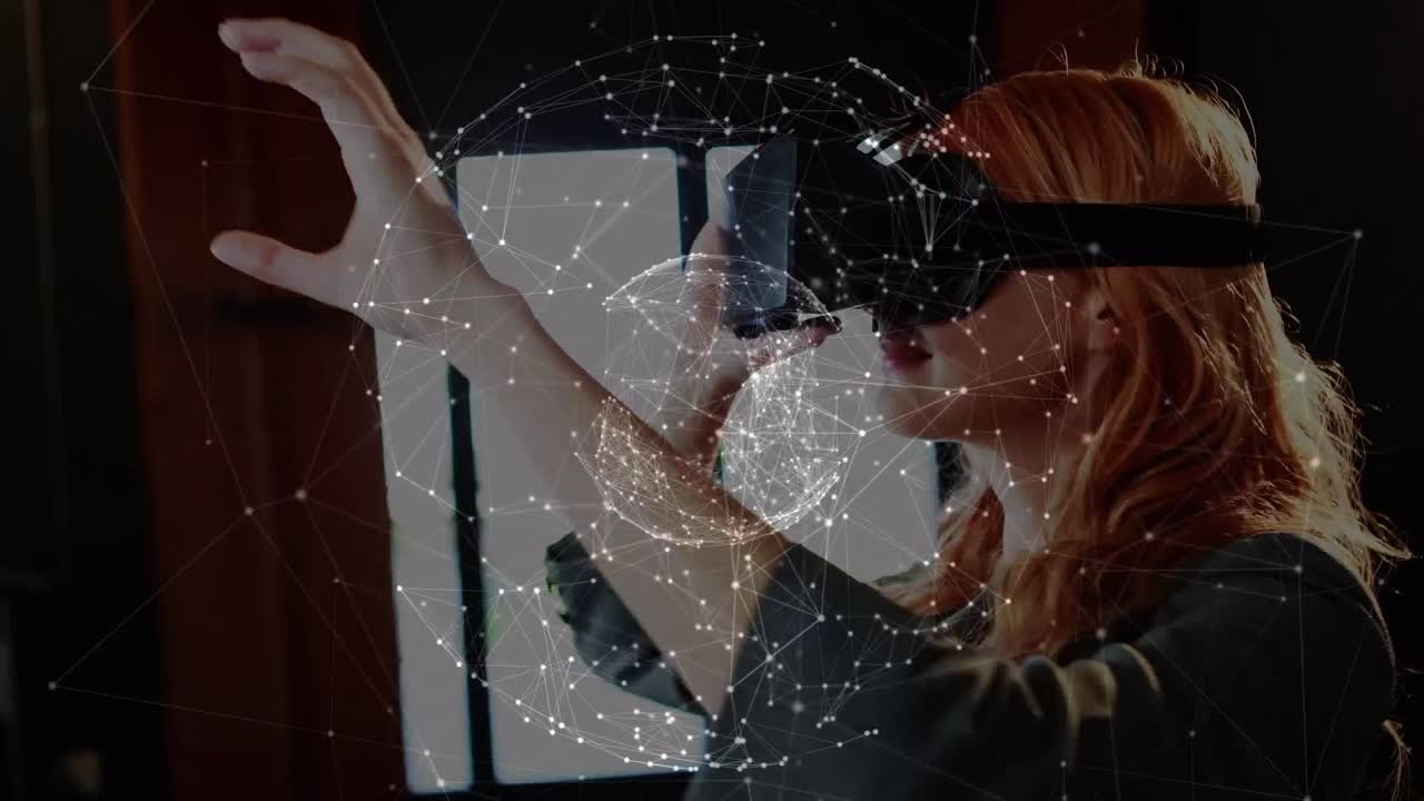 Animation of network of connections over caucasian businesswoman using vr headset