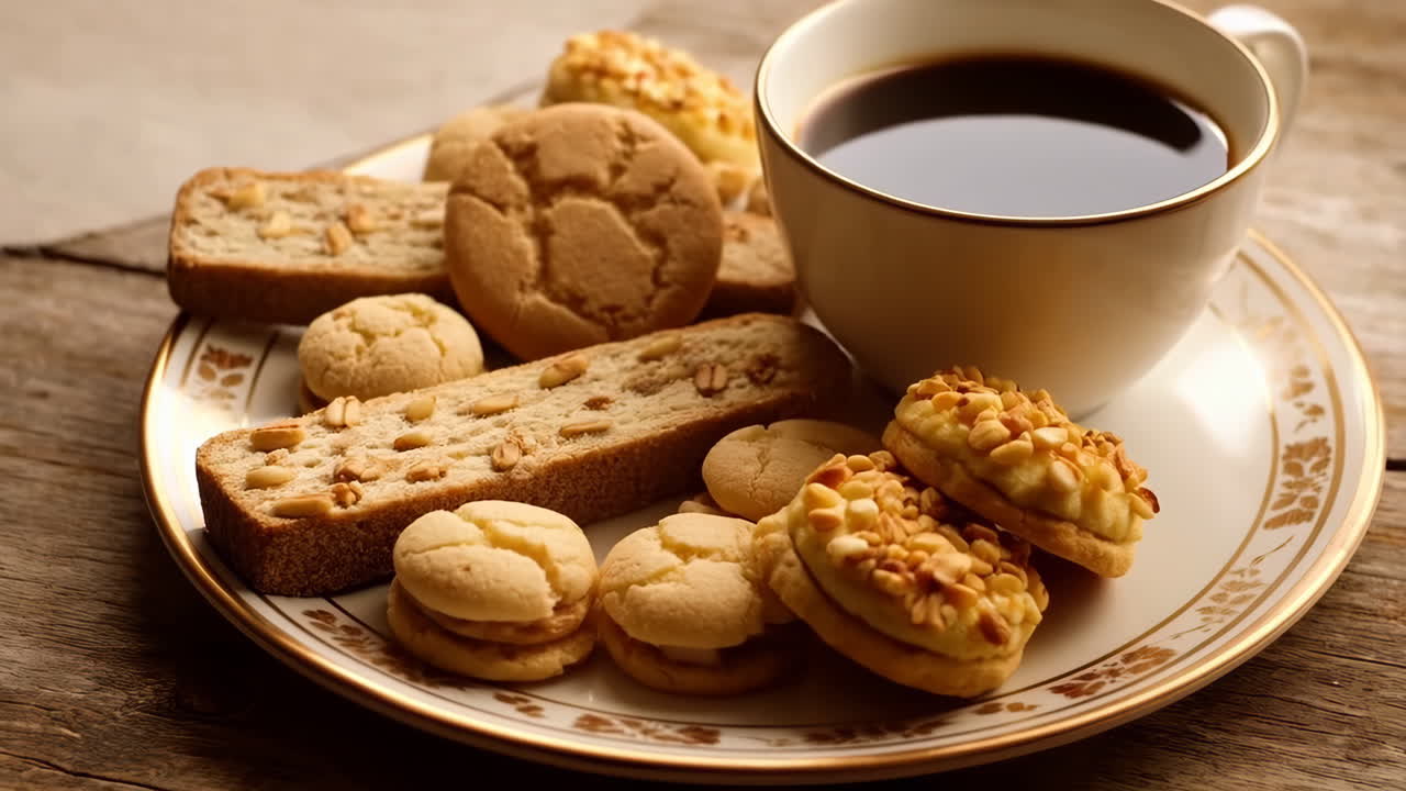 木製のテーブルに置かれた様々なクッキーとコーヒーの皿