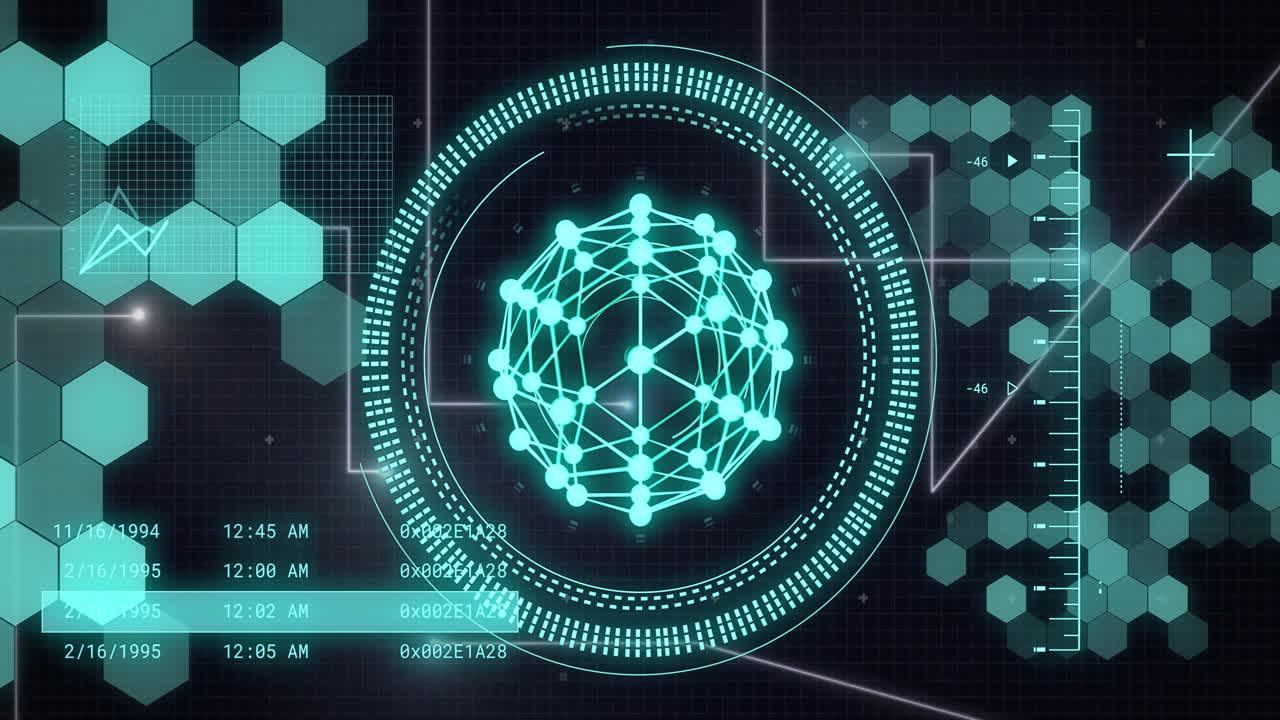 디지털 데이터 처리의 애니메이션과 어두운 배경 위의 지구