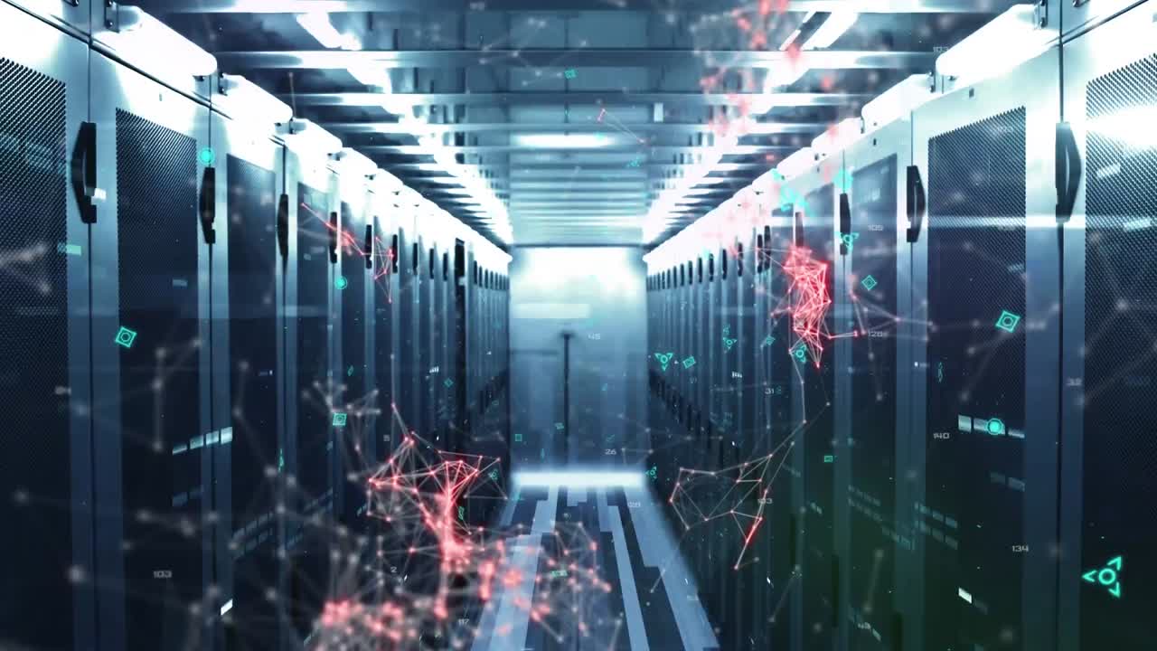 código qr azul con una red roja de conexiones sobre una sala de servidores vacía