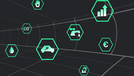 animación de múltiples iconos digitales sobre el túnel en un patrón sin fisuras contra un fondo negro