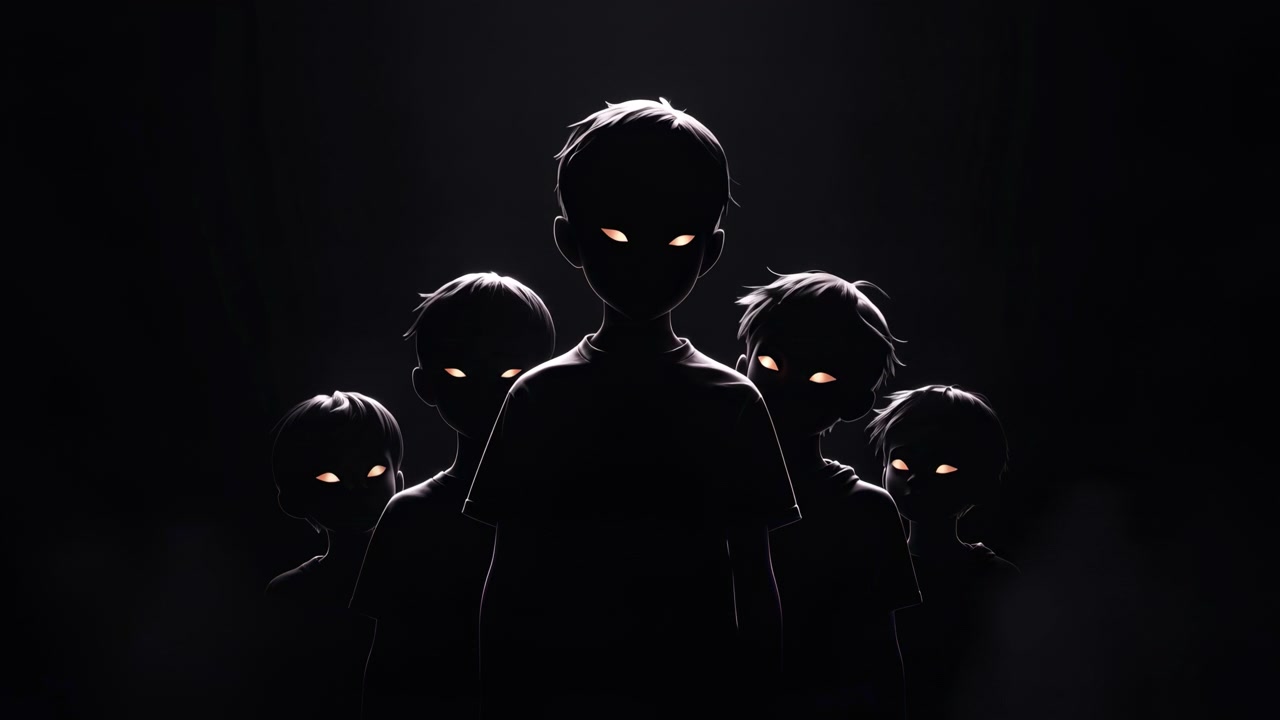Bambini scuri con occhi luminosi emergono da uno sfondo nebbioso sotto un'illuminazione cinematografica