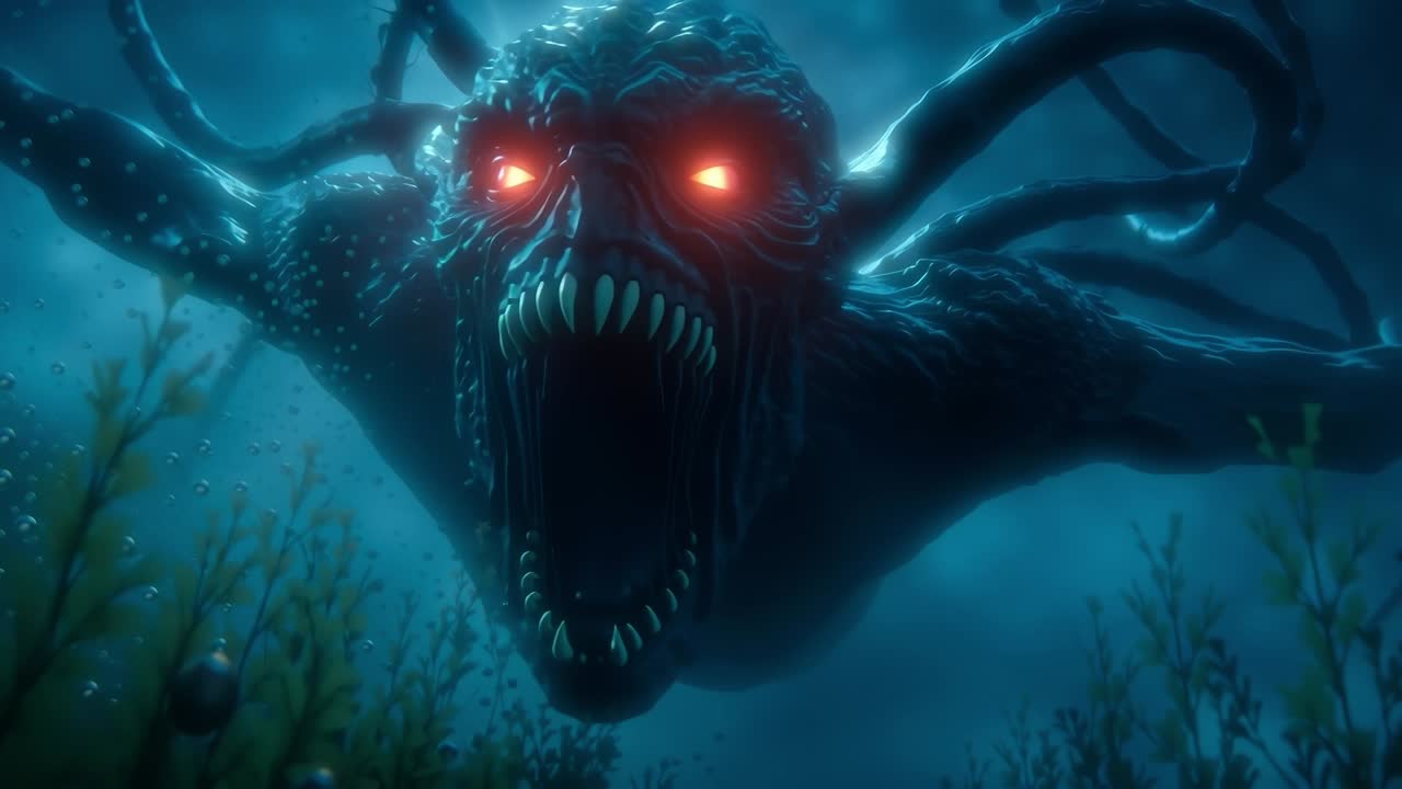 A creepy creature with red eyes in the ocean