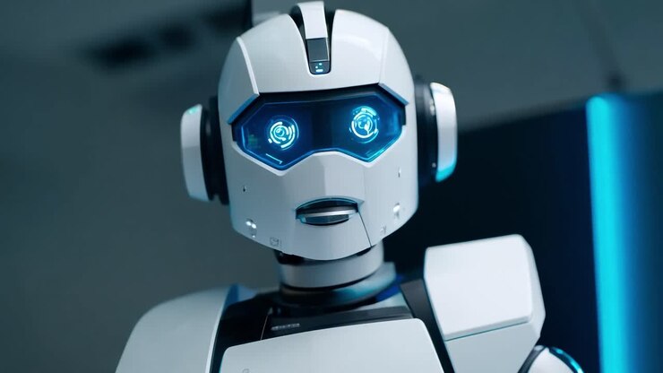 Ritratto ravvicinato di un robot umanoide bianco con occhi blu