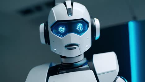 close-up portrait of a white humanoid robot with blue eyes