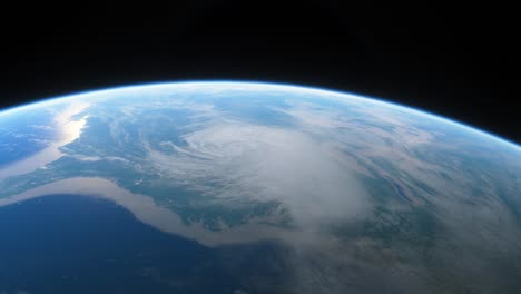 spaceship flies over the planet earth. cinematic shot of huge cyclone view from space. view of planet earth from space. 3d animation