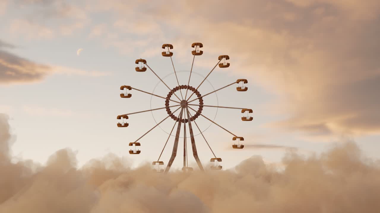 아름다운 하늘 앞의 털털한 구름 위에 오래된 움직이는 페리스 의 루프