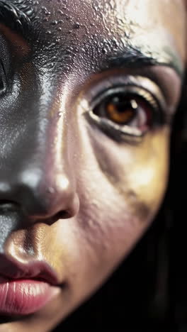 close-up of abstract metallic textured human face with expressive eye
