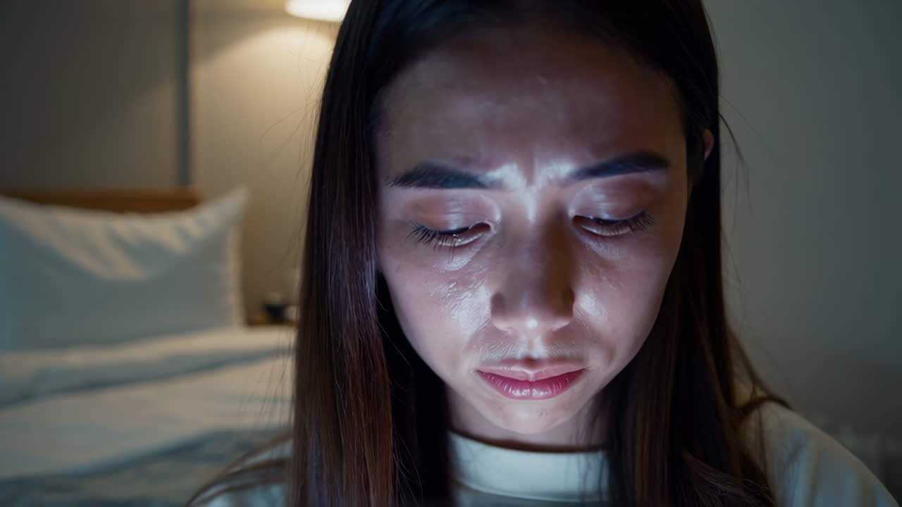 밤에 침대에서 전화를 보는 여자