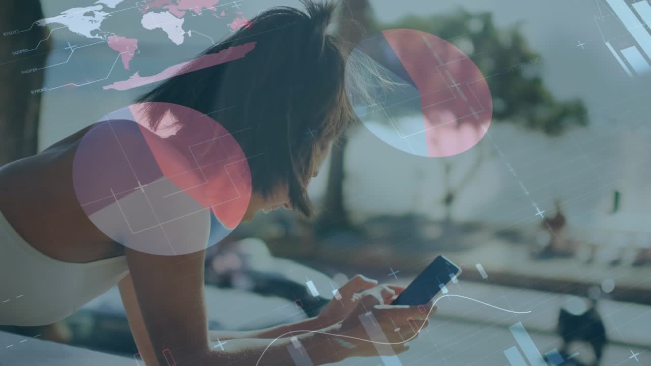 Animação de interface de infográfico sobre uma mulher caucasiana deitada na cama e usando smartphone.