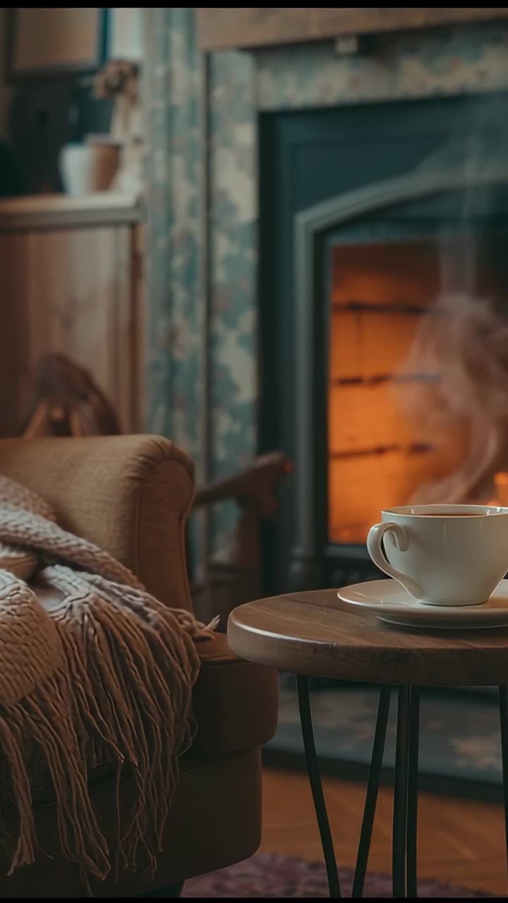 Vertical video: Rising steam from hot drink in white cup on table, embers flickering in living room